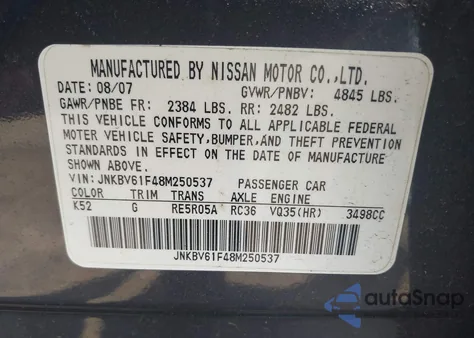 2008 Infiniti G35X z USA, uszkodzony, nr VIN JNKBV61F48M250537